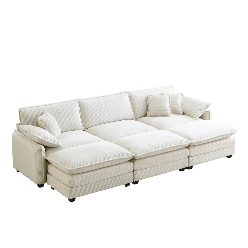 Divano sezionale componibile sleeper in velluto a coste beige a 6 pezzi con 3 pouf e 5 cuscini