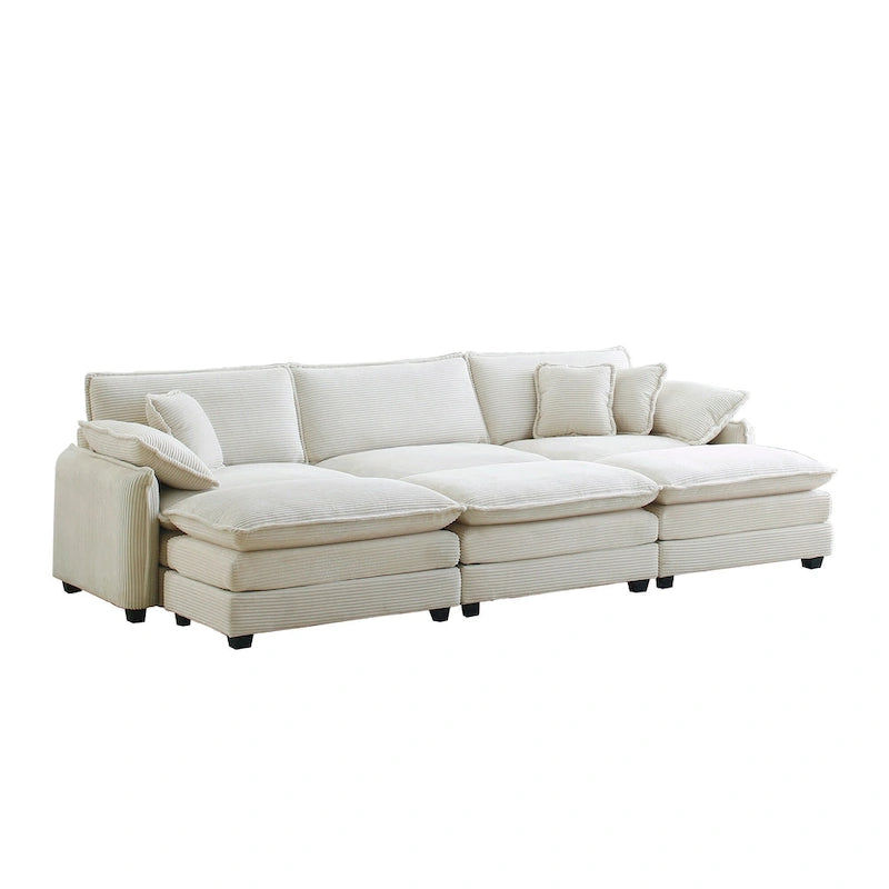 Divano sezionale componibile sleeper in velluto a coste beige a 6 pezzi con 3 pouf e 5 cuscini