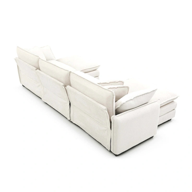 Divano sezionale componibile sleeper in velluto a coste beige a 6 pezzi con 3 pouf e 5 cuscini