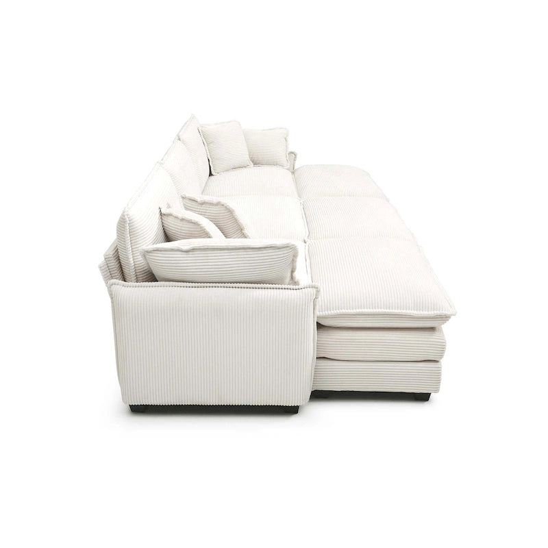 Divano sezionale componibile sleeper in velluto a coste beige a 6 pezzi con 3 pouf e 5 cuscini