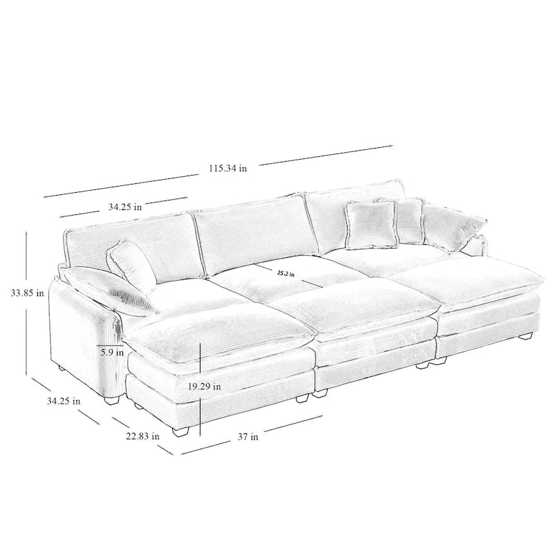 Divano sezionale componibile sleeper in velluto a coste beige a 6 pezzi con 3 pouf e 5 cuscini