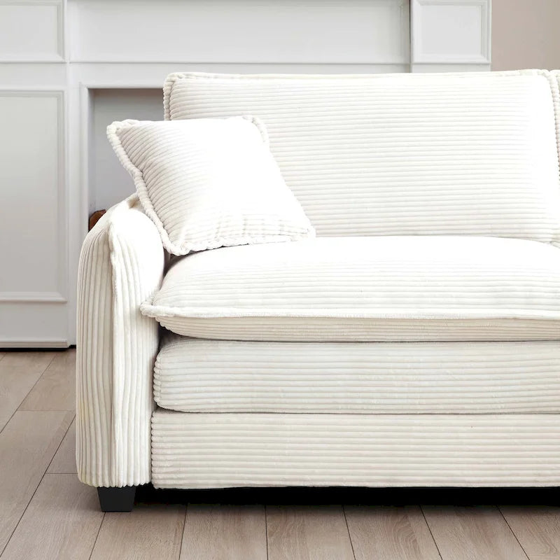 Divano sezionale componibile sleeper in velluto a coste beige a 6 pezzi con 3 pouf e 5 cuscini
