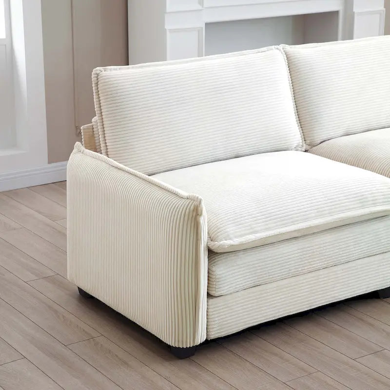 Divano sezionale componibile sleeper in velluto a coste beige a 6 pezzi con 3 pouf e 5 cuscini