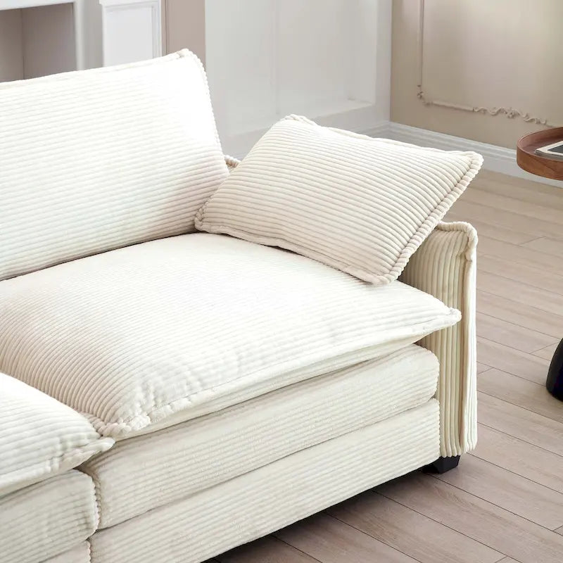 Divano sezionale componibile sleeper in velluto a coste beige a 6 pezzi con 3 pouf e 5 cuscini