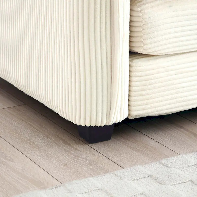 Divano sezionale componibile sleeper in velluto a coste beige a 6 pezzi con 3 pouf e 5 cuscini