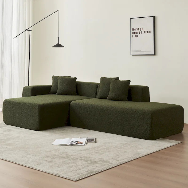 105.51 Divano componibile moderno a L con 5 posti e chaise longue, in morbido tessuto Sherpa "lana d'agnello"