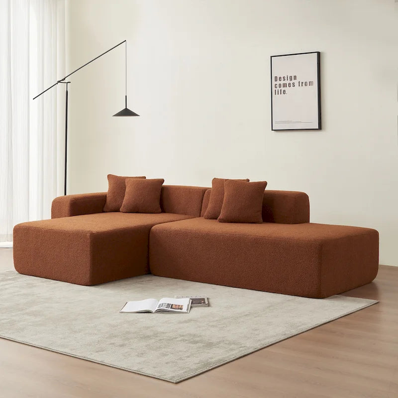 105.51 Divano componibile moderno a L con 5 posti e chaise longue, in morbido tessuto Sherpa "lana d'agnello"