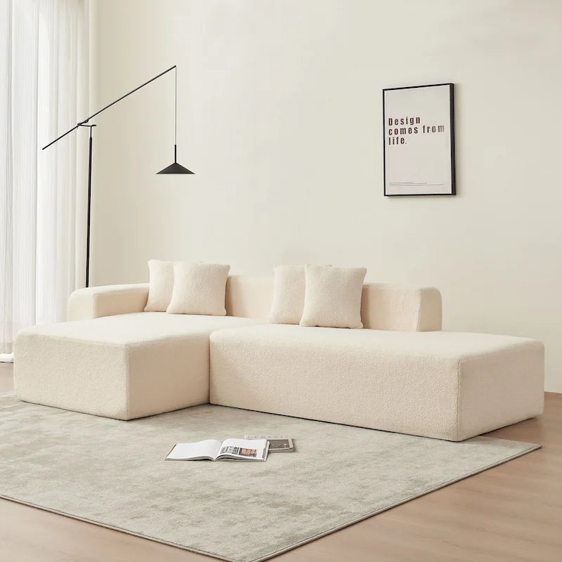 105.51 Divano componibile moderno a L con 5 posti e chaise longue, in morbido tessuto Sherpa "lana d'agnello"