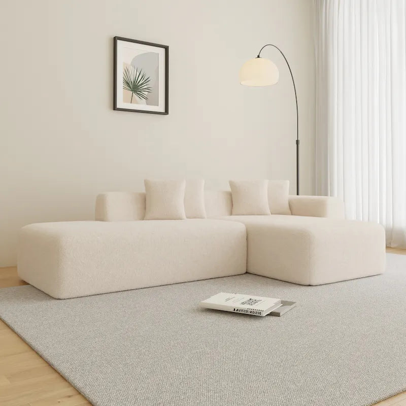 105.51 Divano componibile moderno a L con 5 posti e chaise longue, in morbido tessuto Sherpa "lana d'agnello"