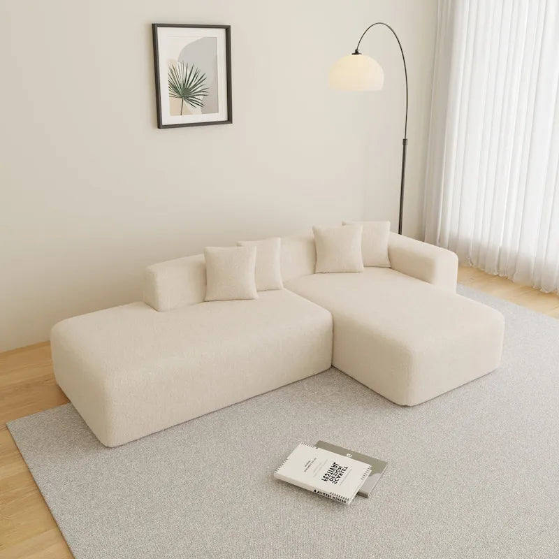 105.51 Divano componibile moderno a L con 5 posti e chaise longue, in morbido tessuto Sherpa "lana d'agnello"