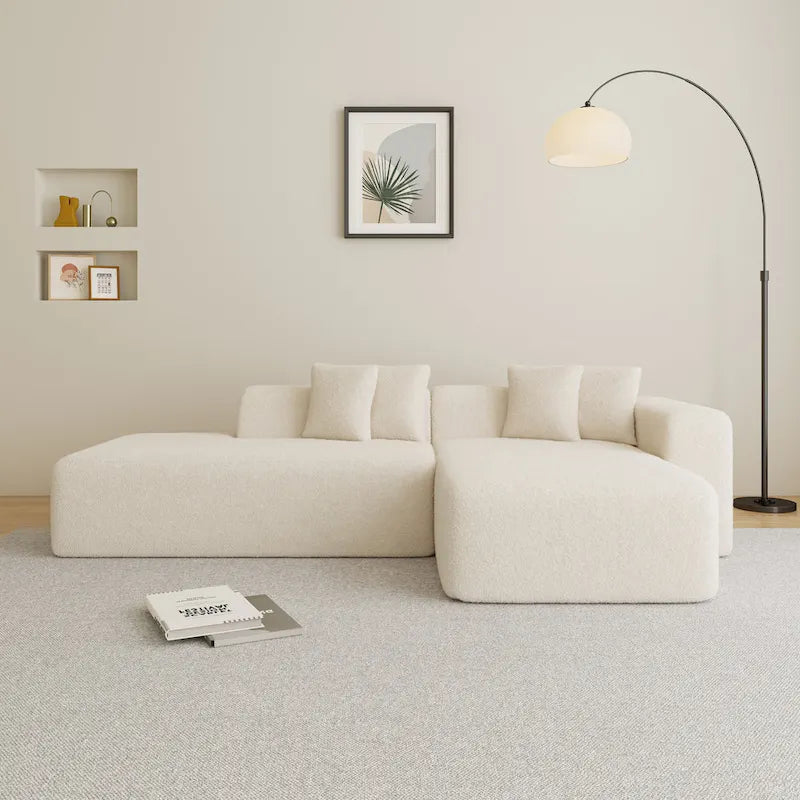 105.51 Divano componibile moderno a L con 5 posti e chaise longue, in morbido tessuto Sherpa "lana d'agnello"