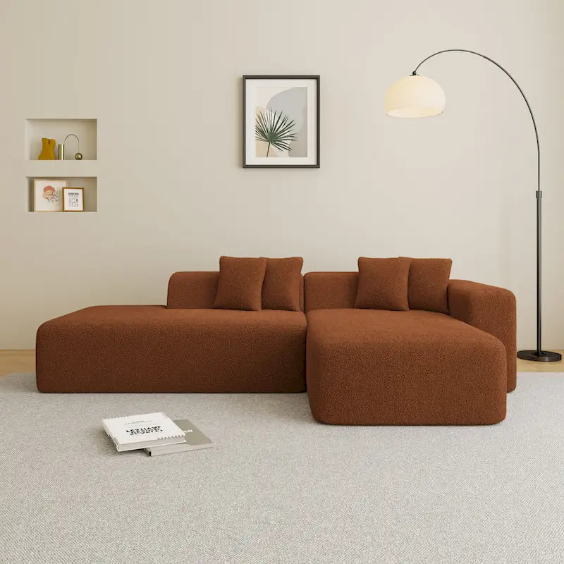 105.51 Divano componibile moderno a L con 5 posti e chaise longue, in morbido tessuto Sherpa "lana d'agnello"