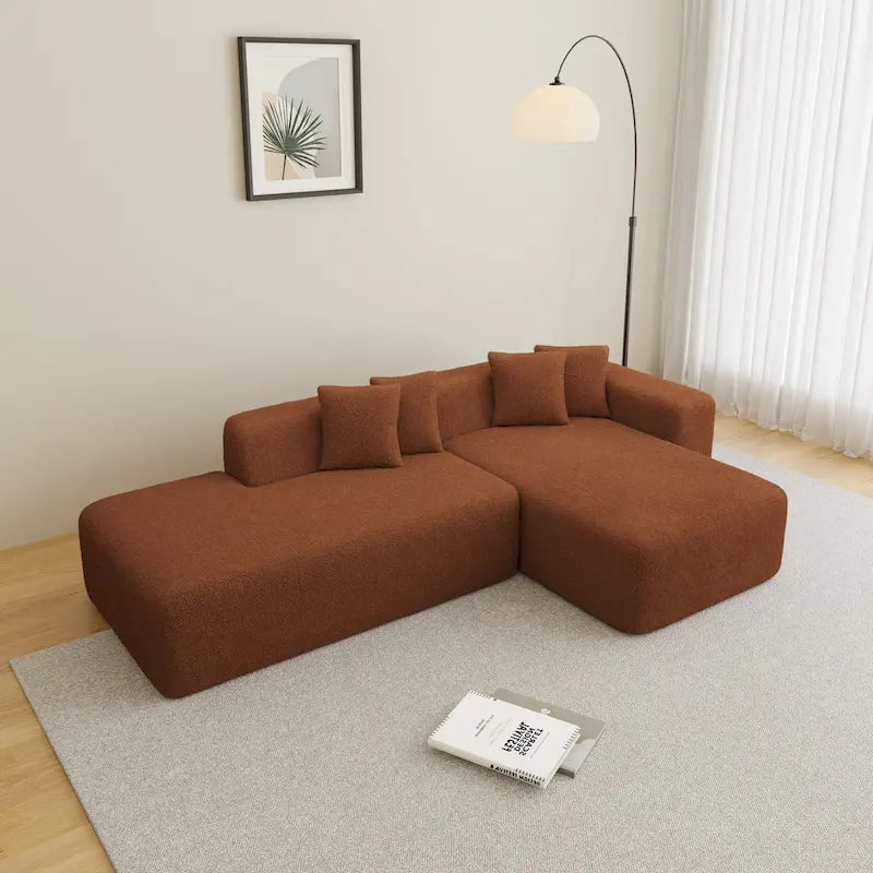 105.51 Divano componibile moderno a L con 5 posti e chaise longue, in morbido tessuto Sherpa "lana d'agnello"