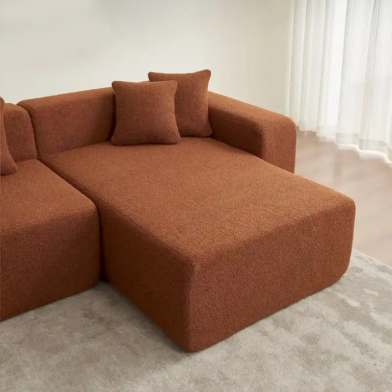 105.51 Divano componibile moderno a L con 5 posti e chaise longue, in morbido tessuto Sherpa "lana d'agnello"