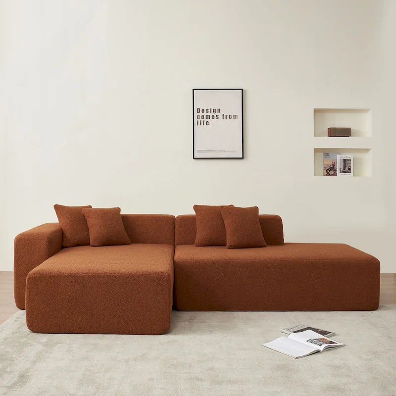 105.51 Divano componibile moderno a L con 5 posti e chaise longue, in morbido tessuto Sherpa "lana d'agnello"