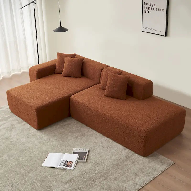 105.51 Divano componibile moderno a L con 5 posti e chaise longue, in morbido tessuto Sherpa "lana d'agnello"