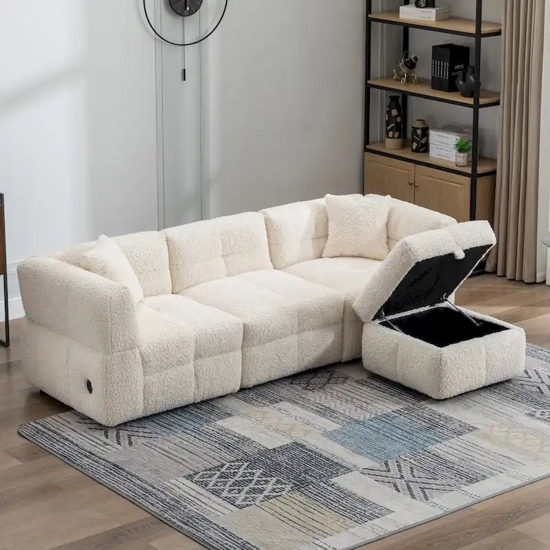 Divano Sezionale a 4 Posti in Tessuto da 87.7 con Pouf Movibile, 2 Porte USB e 2 Cuscini Lombari, Ideale per il Soggiorno