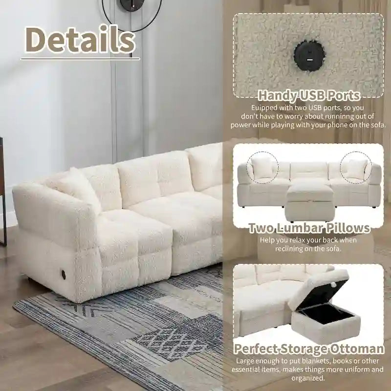 Divano Sezionale a 4 Posti in Tessuto da 87.7 con Pouf Movibile, 2 Porte USB e 2 Cuscini Lombari, Ideale per il Soggiorno