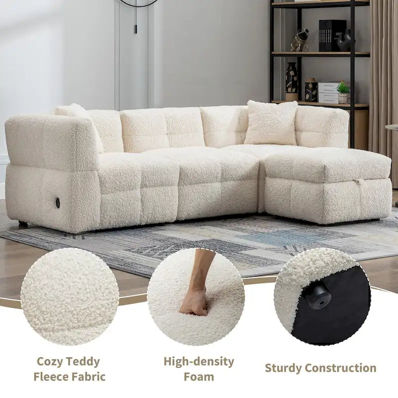 Divano Sezionale a 4 Posti in Tessuto da 87.7 con Pouf Movibile, 2 Porte USB e 2 Cuscini Lombari, Ideale per il Soggiorno
