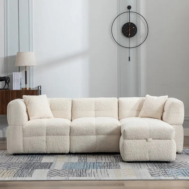 Divano Sezionale a 4 Posti in Tessuto da 87.7 con Pouf Movibile, 2 Porte USB e 2 Cuscini Lombari, Ideale per il Soggiorno