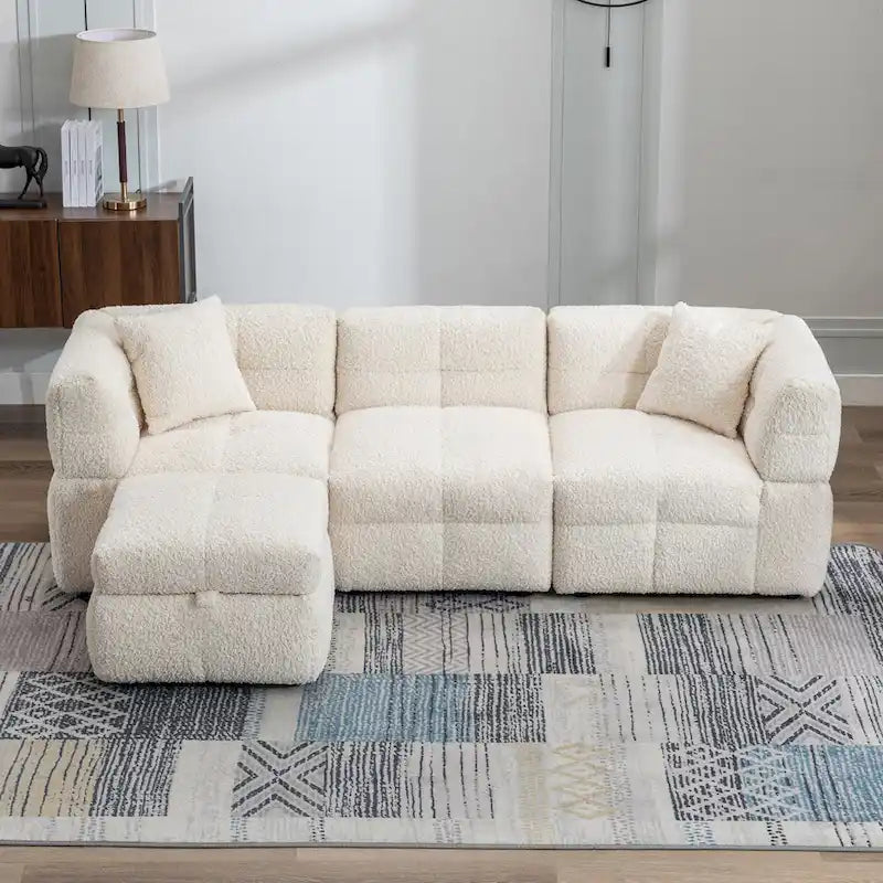 Divano Sezionale a 4 Posti in Tessuto da 87.7 con Pouf Movibile, 2 Porte USB e 2 Cuscini Lombari, Ideale per il Soggiorno
