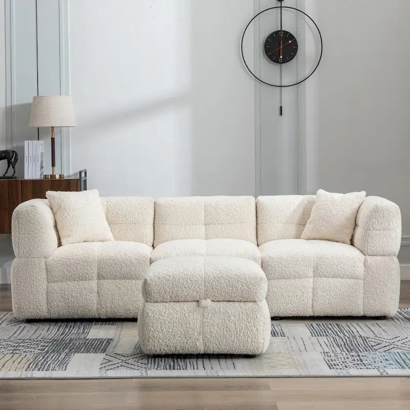 Divano Sezionale a 4 Posti in Tessuto da 87.7 con Pouf Movibile, 2 Porte USB e 2 Cuscini Lombari, Ideale per il Soggiorno