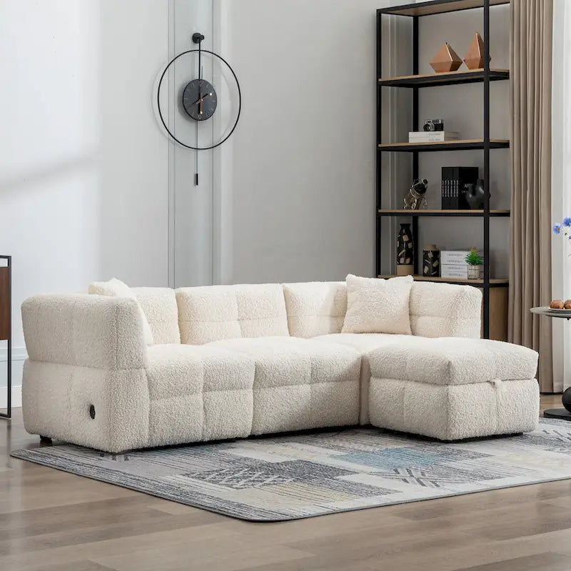 Divano Sezionale a 4 Posti in Tessuto da 87.7 con Pouf Movibile, 2 Porte USB e 2 Cuscini Lombari, Ideale per il Soggiorno
