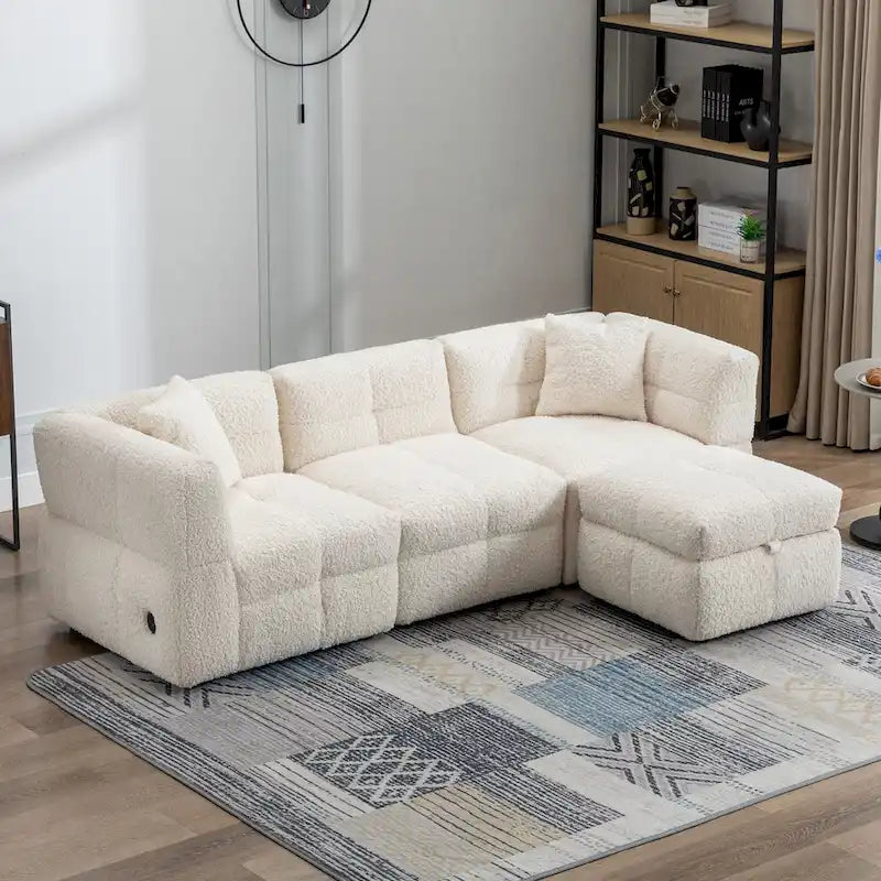 Divano Sezionale a 4 Posti in Tessuto da 87.7 con Pouf Movibile, 2 Porte USB e 2 Cuscini Lombari, Ideale per il Soggiorno