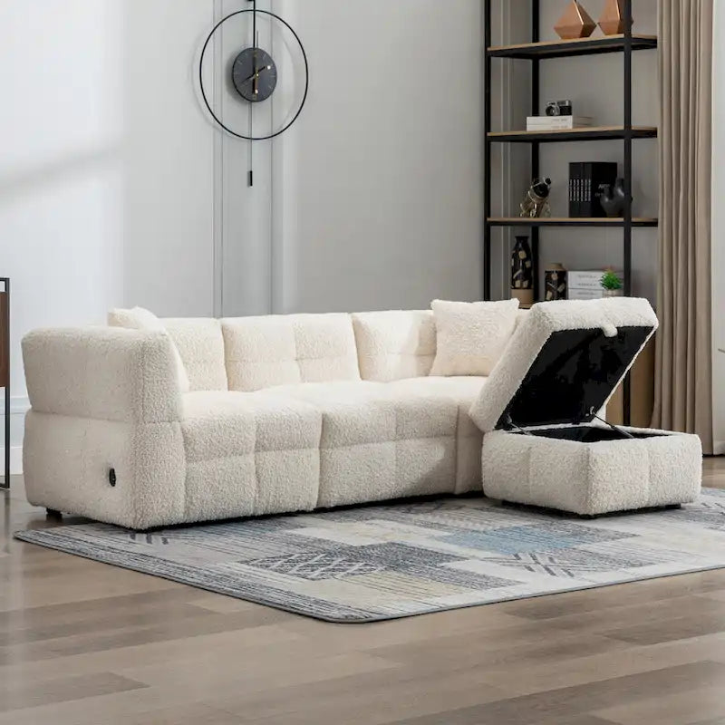 Divano Sezionale a 4 Posti in Tessuto da 87.7 con Pouf Movibile, 2 Porte USB e 2 Cuscini Lombari, Ideale per il Soggiorno