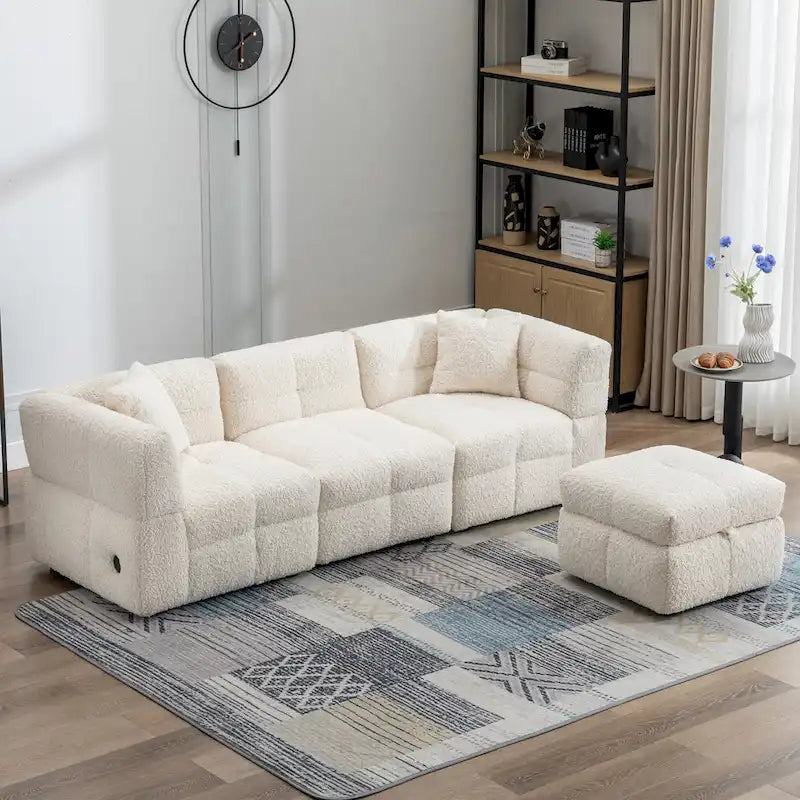 Divano Sezionale a 4 Posti in Tessuto da 87.7 con Pouf Movibile, 2 Porte USB e 2 Cuscini Lombari, Ideale per il Soggiorno