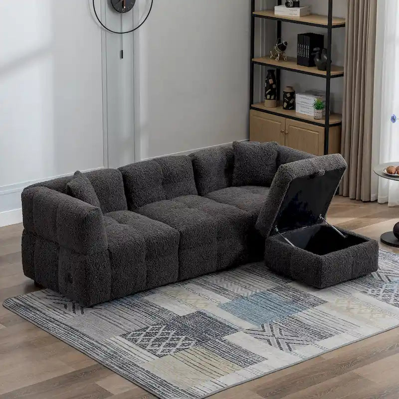 Divano Sezionale a 4 Posti in Tessuto da 87.7 con Pouf Movibile, 2 Porte USB e 2 Cuscini Lombari, Ideale per il Soggiorno