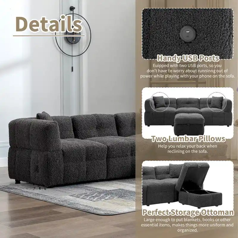 Divano Sezionale a 4 Posti in Tessuto da 87.7 con Pouf Movibile, 2 Porte USB e 2 Cuscini Lombari, Ideale per il Soggiorno