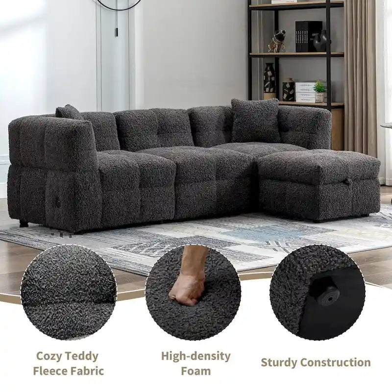 Divano Sezionale a 4 Posti in Tessuto da 87.7 con Pouf Movibile, 2 Porte USB e 2 Cuscini Lombari, Ideale per il Soggiorno