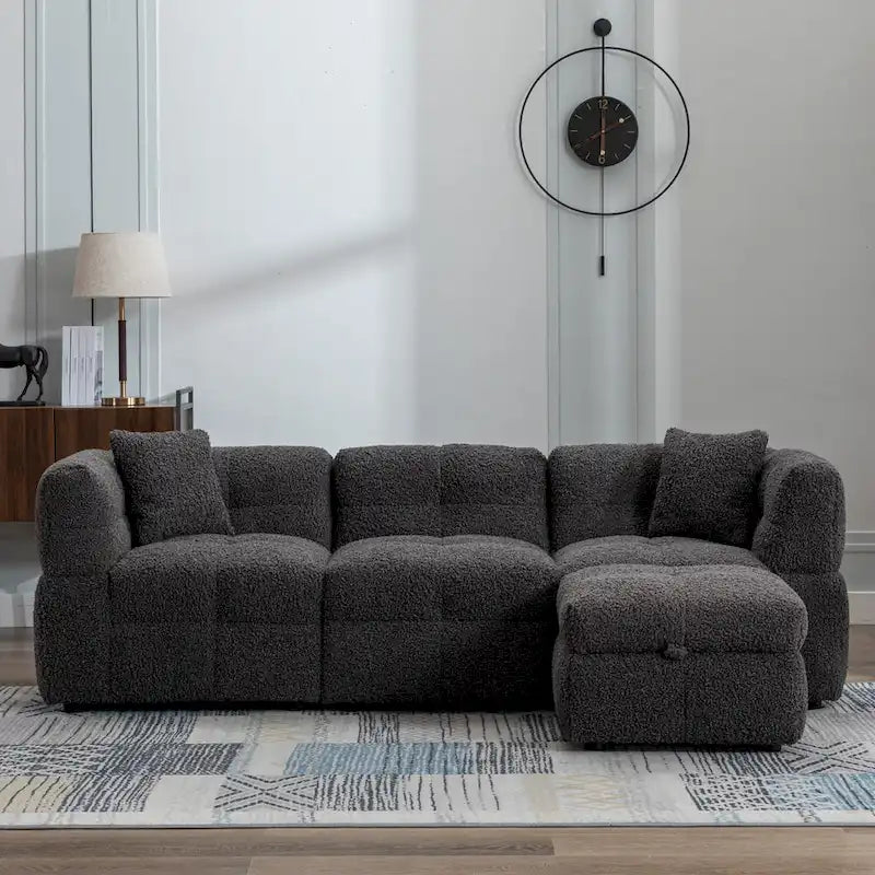 Divano Sezionale a 4 Posti in Tessuto da 87.7 con Pouf Movibile, 2 Porte USB e 2 Cuscini Lombari, Ideale per il Soggiorno