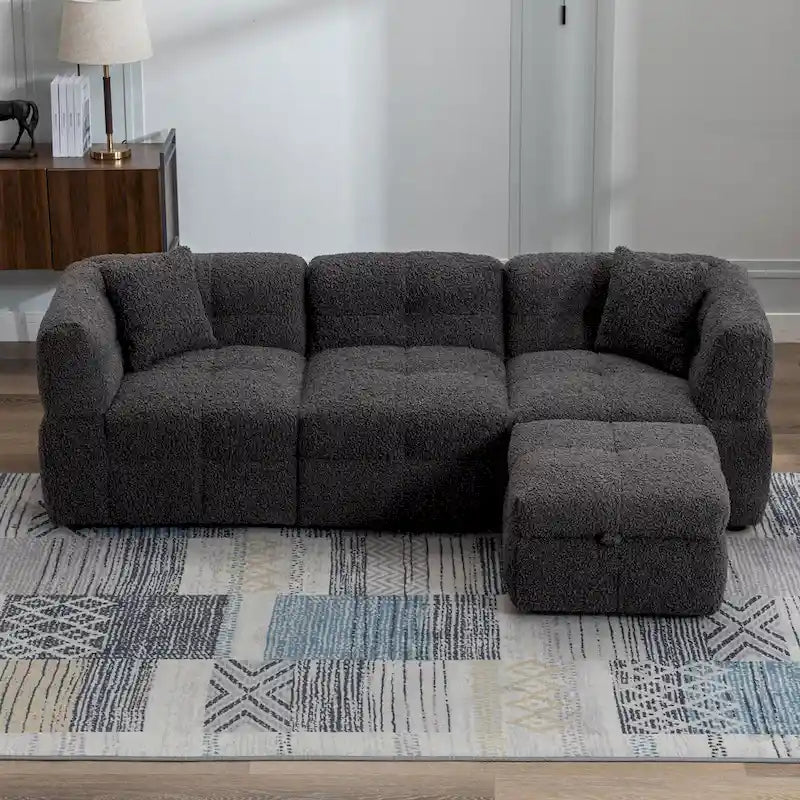 Divano Sezionale a 4 Posti in Tessuto da 87.7 con Pouf Movibile, 2 Porte USB e 2 Cuscini Lombari, Ideale per il Soggiorno