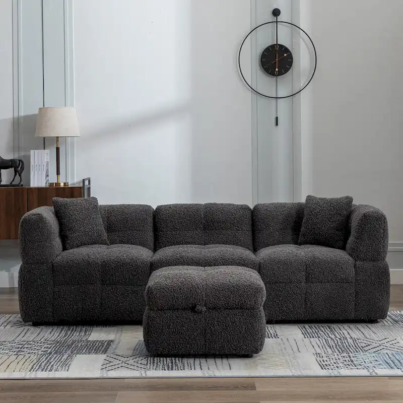Divano Sezionale a 4 Posti in Tessuto da 87.7 con Pouf Movibile, 2 Porte USB e 2 Cuscini Lombari, Ideale per il Soggiorno