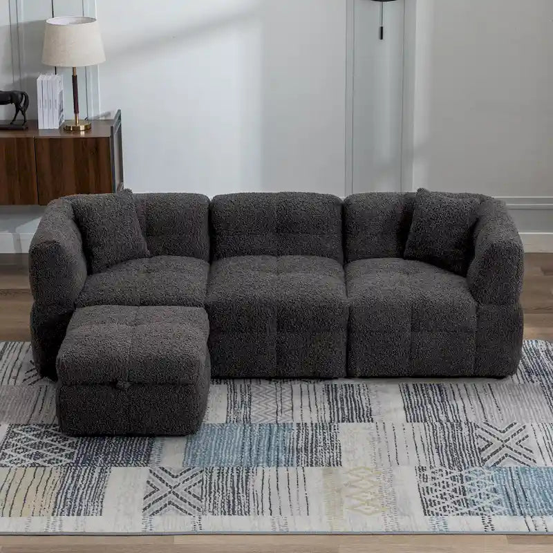 Divano Sezionale a 4 Posti in Tessuto da 87.7 con Pouf Movibile, 2 Porte USB e 2 Cuscini Lombari, Ideale per il Soggiorno