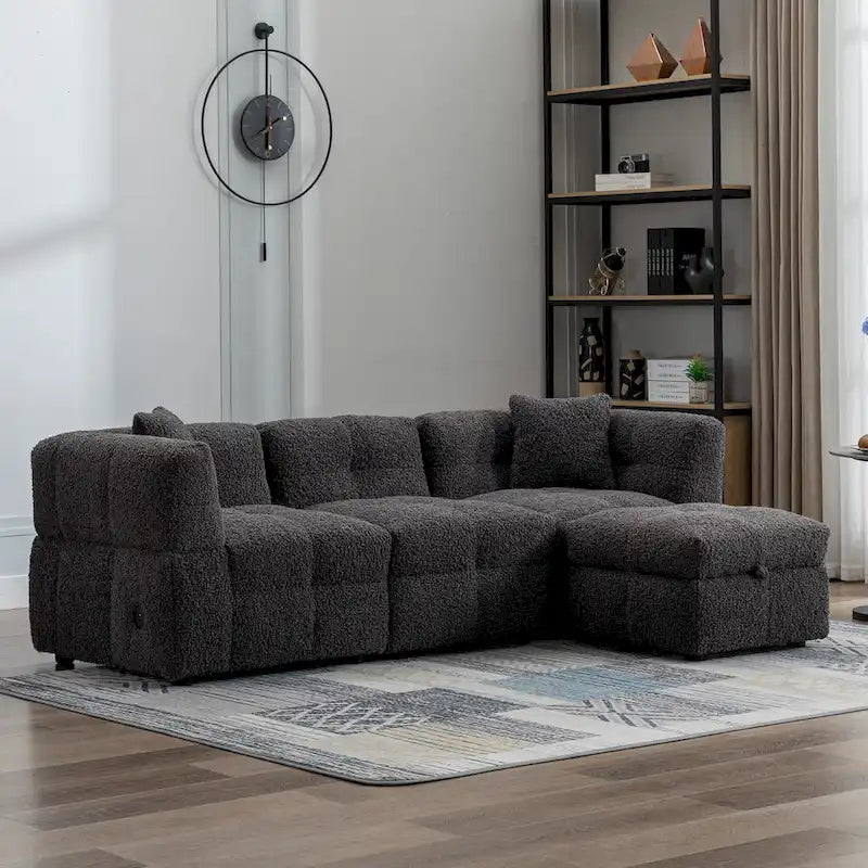 Divano Sezionale a 4 Posti in Tessuto da 87.7 con Pouf Movibile, 2 Porte USB e 2 Cuscini Lombari, Ideale per il Soggiorno