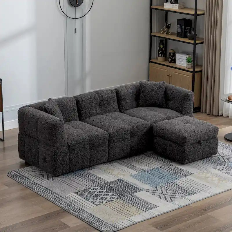 Divano Sezionale a 4 Posti in Tessuto da 87.7 con Pouf Movibile, 2 Porte USB e 2 Cuscini Lombari, Ideale per il Soggiorno
