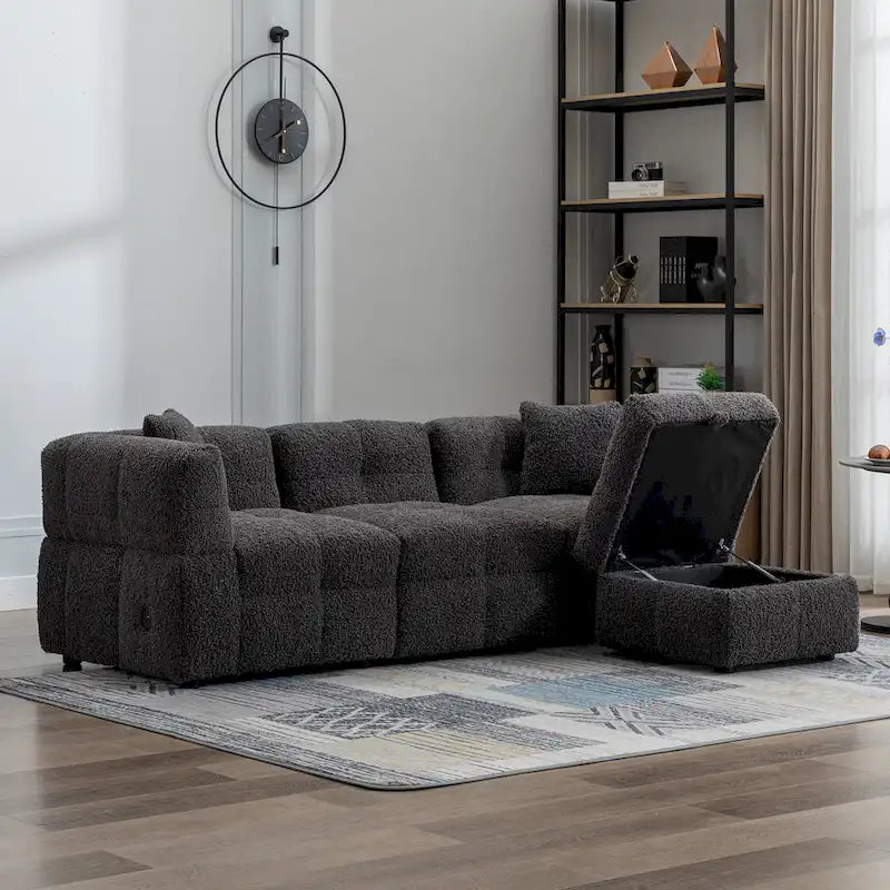 Divano Sezionale a 4 Posti in Tessuto da 87.7 con Pouf Movibile, 2 Porte USB e 2 Cuscini Lombari, Ideale per il Soggiorno