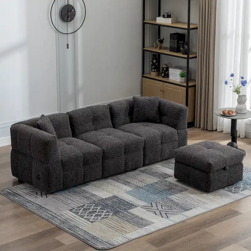 Divano Sezionale a 4 Posti in Tessuto da 87.7 con Pouf Movibile, 2 Porte USB e 2 Cuscini Lombari, Ideale per il Soggiorno