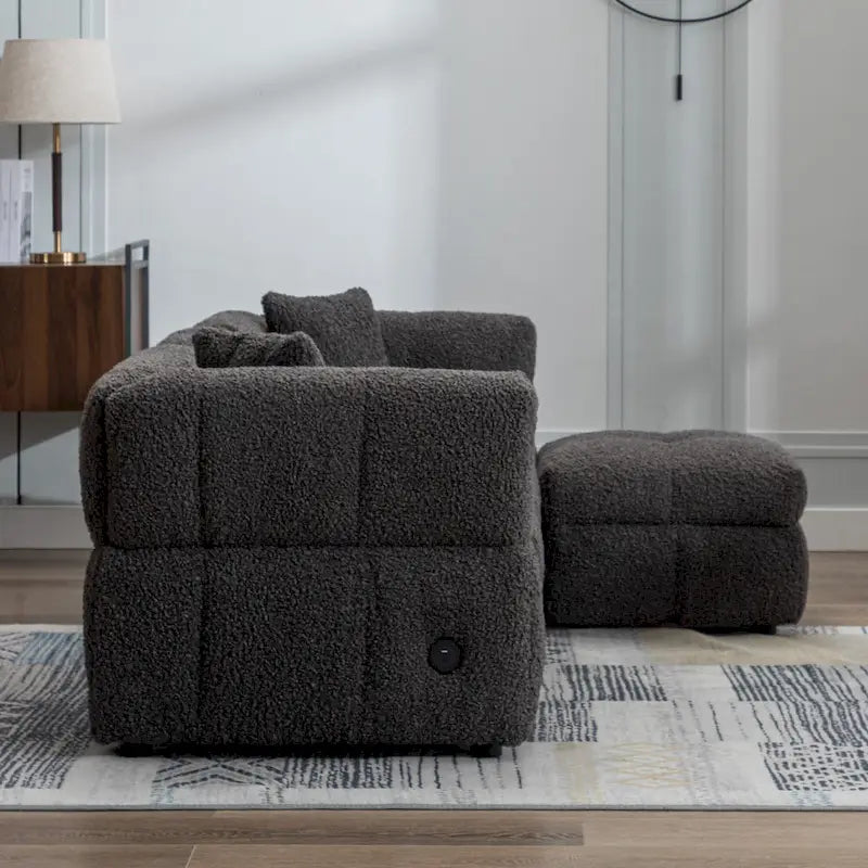 Divano Sezionale a 4 Posti in Tessuto da 87.7 con Pouf Movibile, 2 Porte USB e 2 Cuscini Lombari, Ideale per il Soggiorno