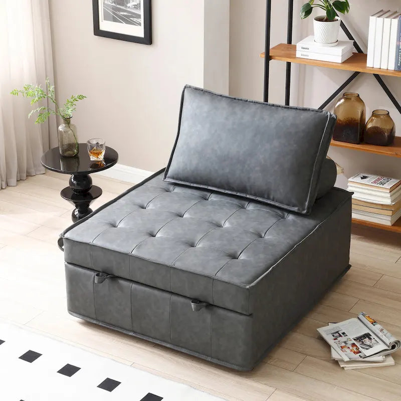 Multipurpose Ottoman Sofa Bed - Brown, Dark Grey - Faux Leather - Single
