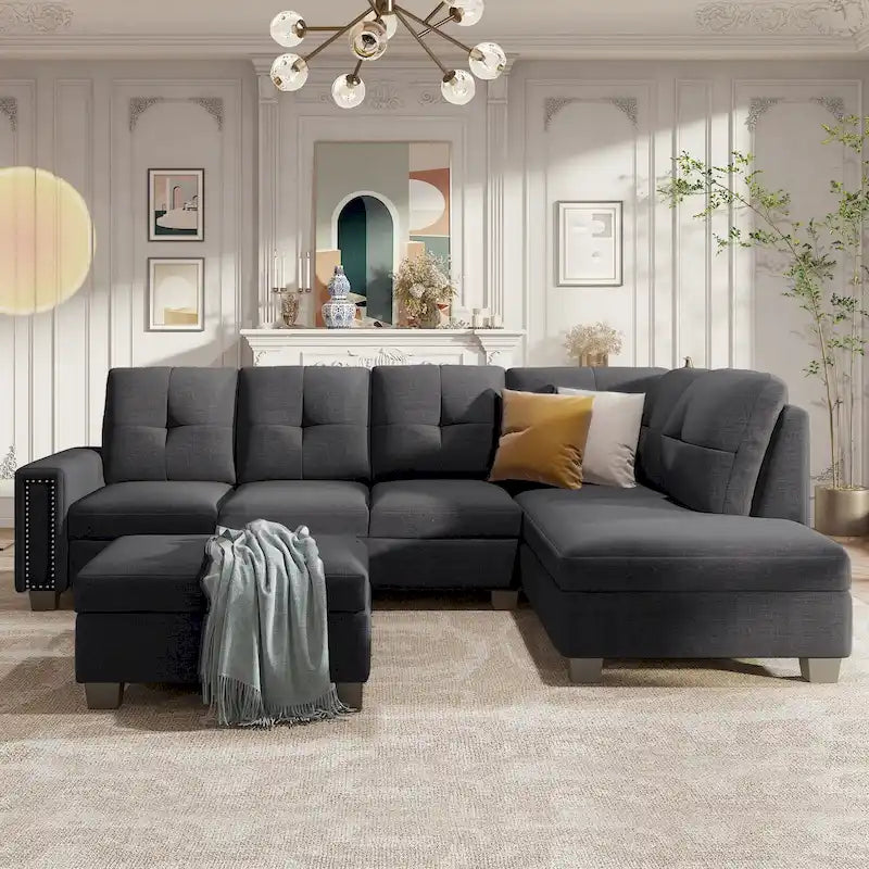 Divano componibile a 6 posti a L reversibile, 105.2, grigio, con pouf contenitore e portabicchieri, design salvaspazio in lino