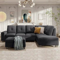 Divano componibile a 6 posti a L reversibile, 105.2, grigio, con pouf contenitore e portabicchieri, design salvaspazio in lino