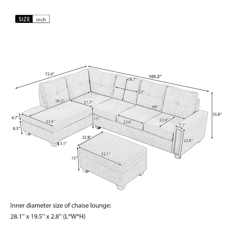 Divano componibile a 6 posti a L reversibile, 105.2, grigio, con pouf contenitore e portabicchieri, design salvaspazio in lino