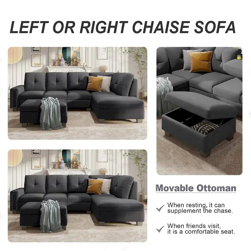 Divano componibile a 6 posti a L reversibile, 105.2, grigio, con pouf contenitore e portabicchieri, design salvaspazio in lino