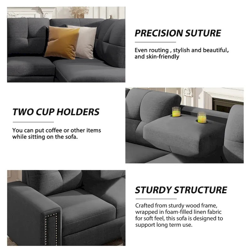 Divano componibile a 6 posti a L reversibile, 105.2, grigio, con pouf contenitore e portabicchieri, design salvaspazio in lino