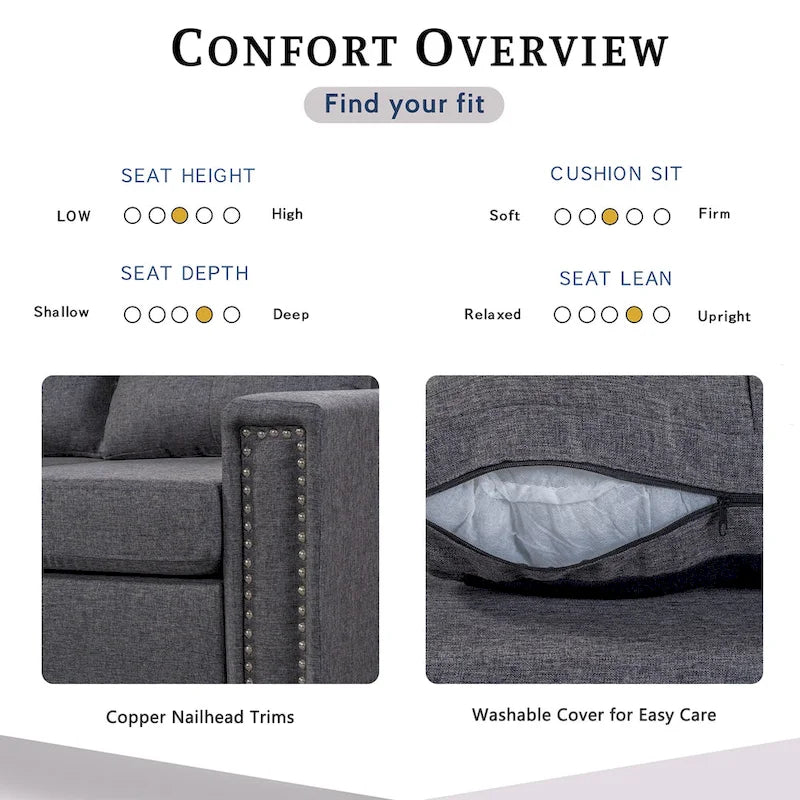 Divano componibile a 6 posti a L reversibile, 105.2, grigio, con pouf contenitore e portabicchieri, design salvaspazio in lino
