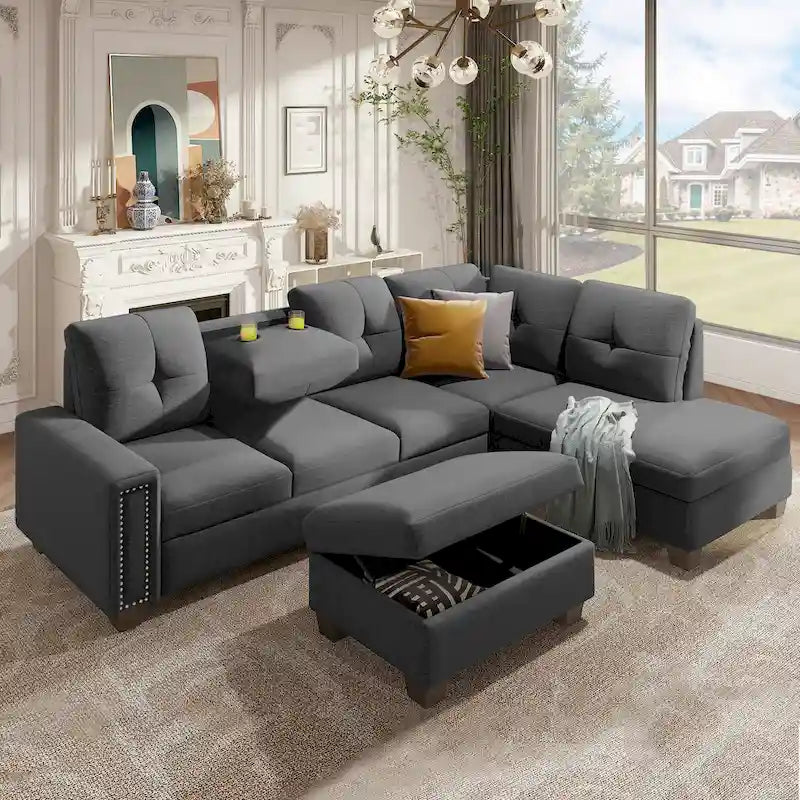 Divano componibile a 6 posti a L reversibile, 105.2, grigio, con pouf contenitore e portabicchieri, design salvaspazio in lino
